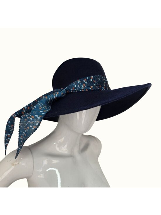 NWT Nordstrom Navy Wool Wide Brim Floppy Hat Women OS Scarf Tie Band Adjustable main image 8
